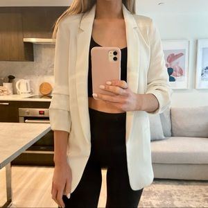 Zara white ruched sleeve blazer
